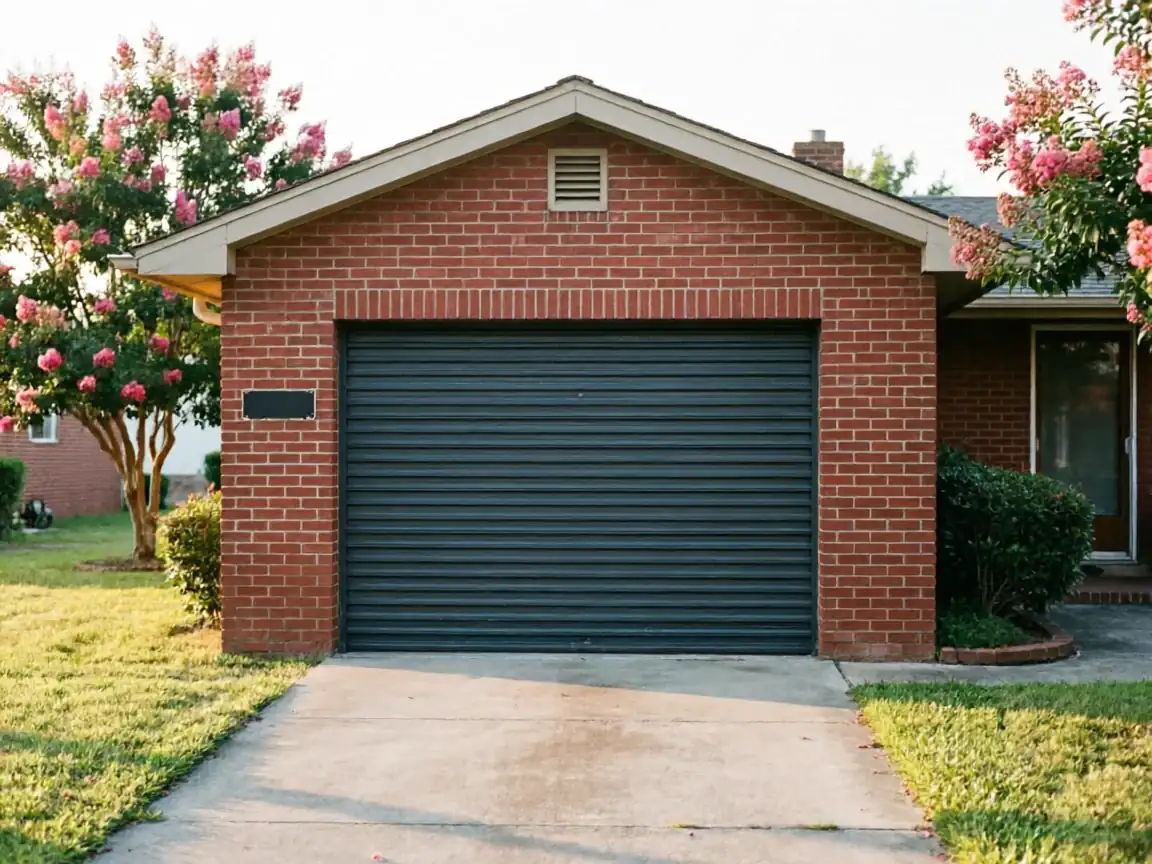 A brick house with a dark gray garage door and a concrete driveway.