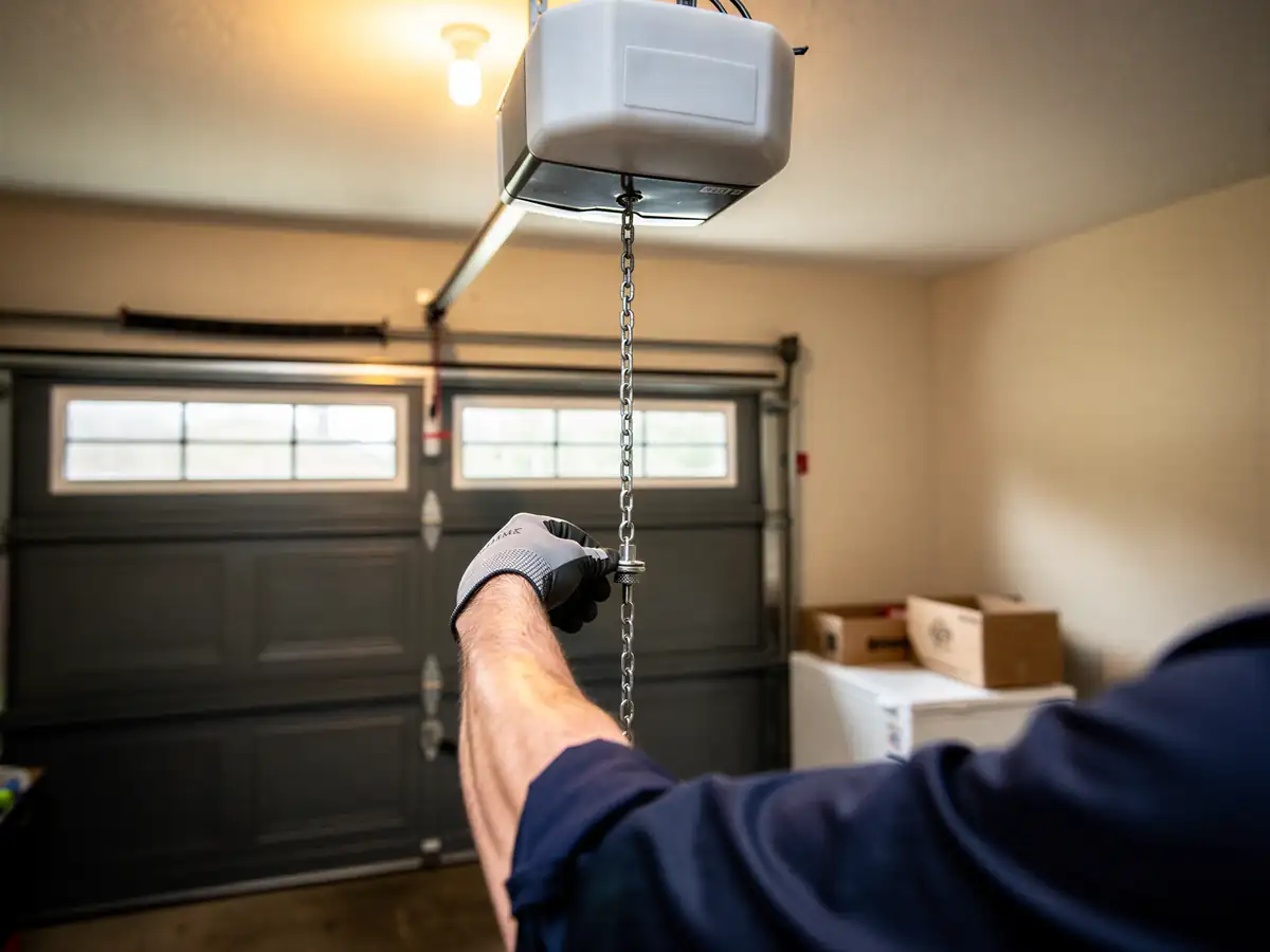 A technician's gloved hand pulls the chain on a garage door opener.